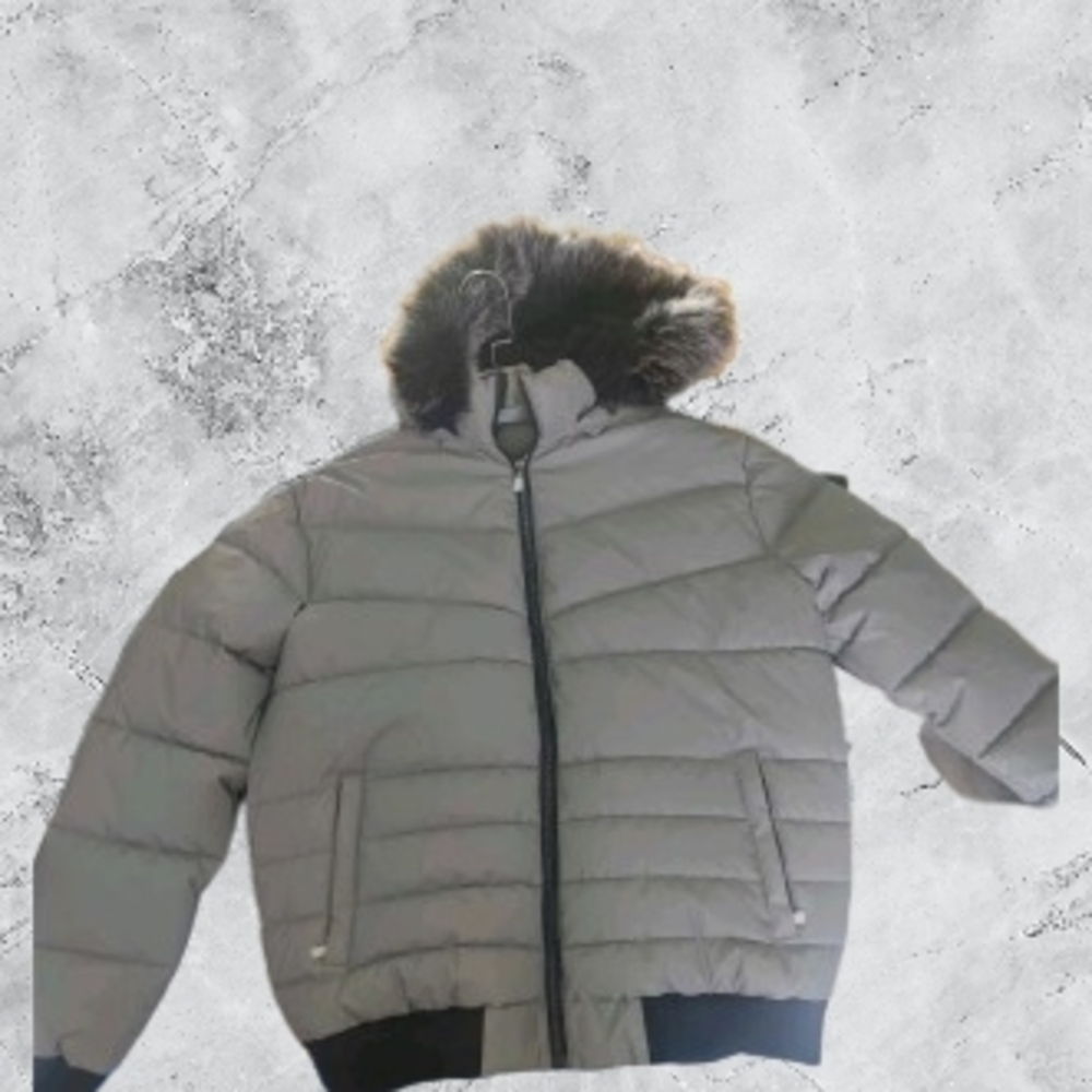 Reflective Gray Puffer Jacket with Fur Hood